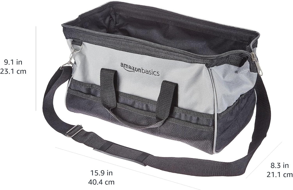 Amazon Basics Durable Wear-Resistant Tool Storage Bag with Adjustable Shoulder Strap,Portable Tool Organizer,16 in,Black & Grey,(Pack of 8)