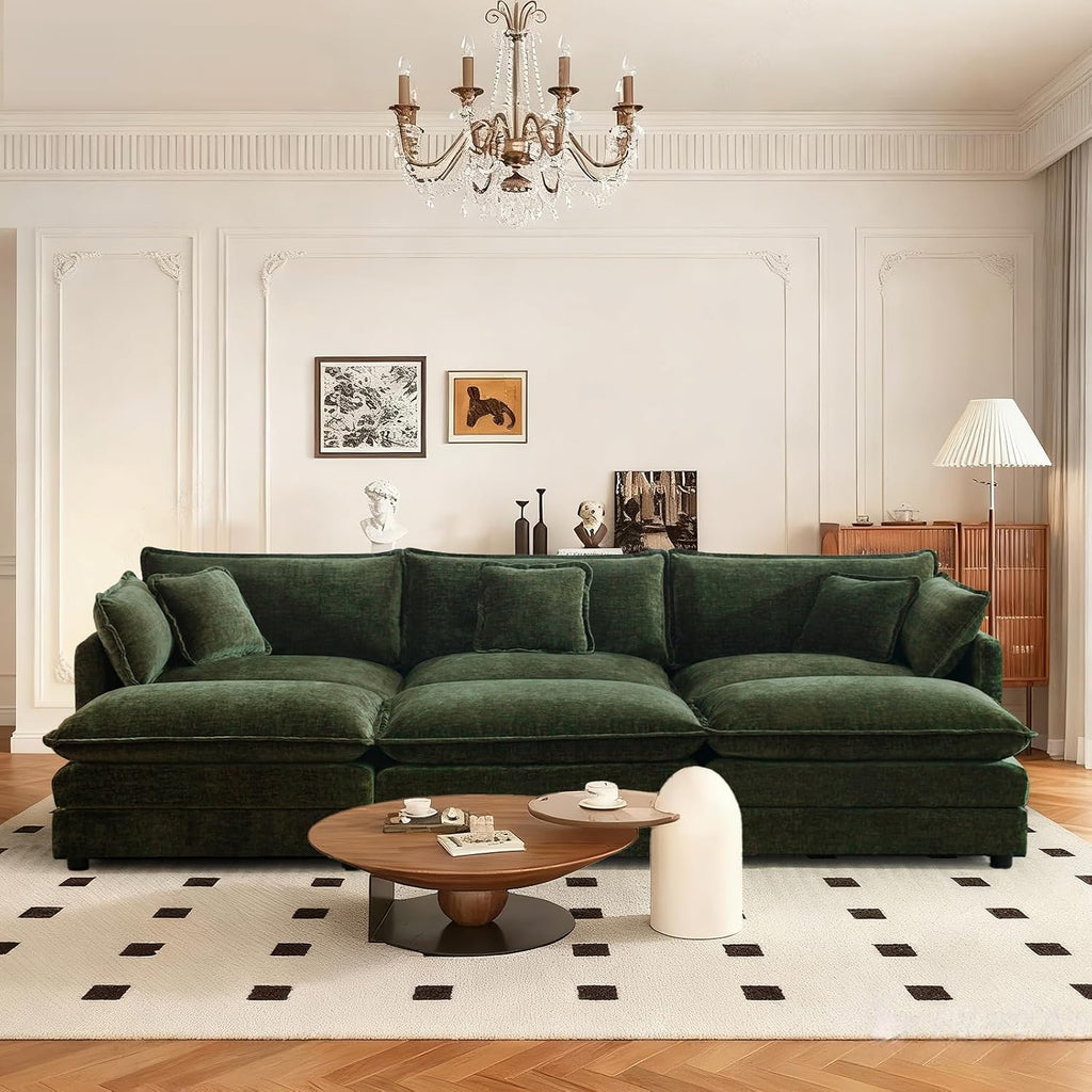 SoarFlash Chenille Sectional Sofa, Comfy Modular Coush Sofa with Ottoman, Modern 3 Seat Recliner Deep Seat Sofa Set for Living Room,Green