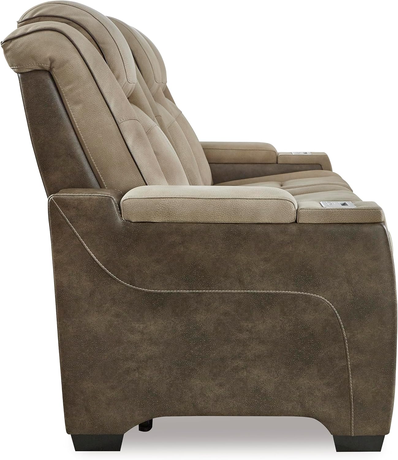 Signature Design by Ashley Next-Gen DuraPella Power Reclining Sofa – Wireless & USB Charging, Zero-Gravity, Adjustable Headrest, Water-Repellent Faux Leather, Drop-Down Table, Beige/Brown, 86'