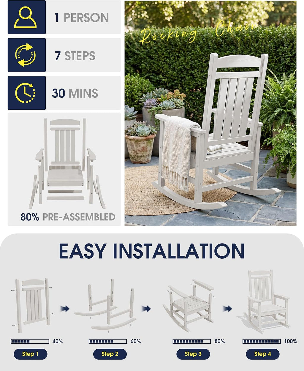 KINGYES Oversized HDPE Patio Rocking Chair Set of 2, Outdoor Rocking Chairs Porch Rocker for Adults, White