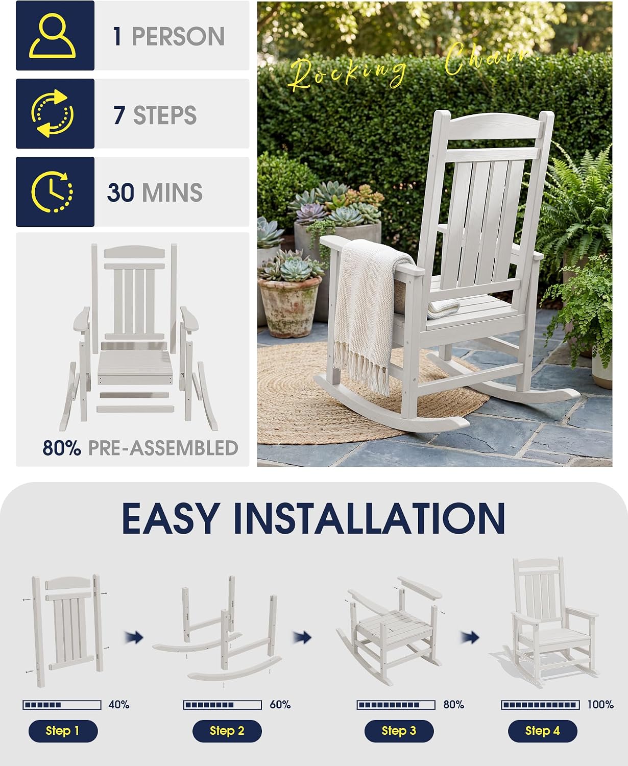 KINGYES Oversized HDPE Patio Rocking Chair Set, Outdoor Rocking Chairs Porch Rocker for Adults, White