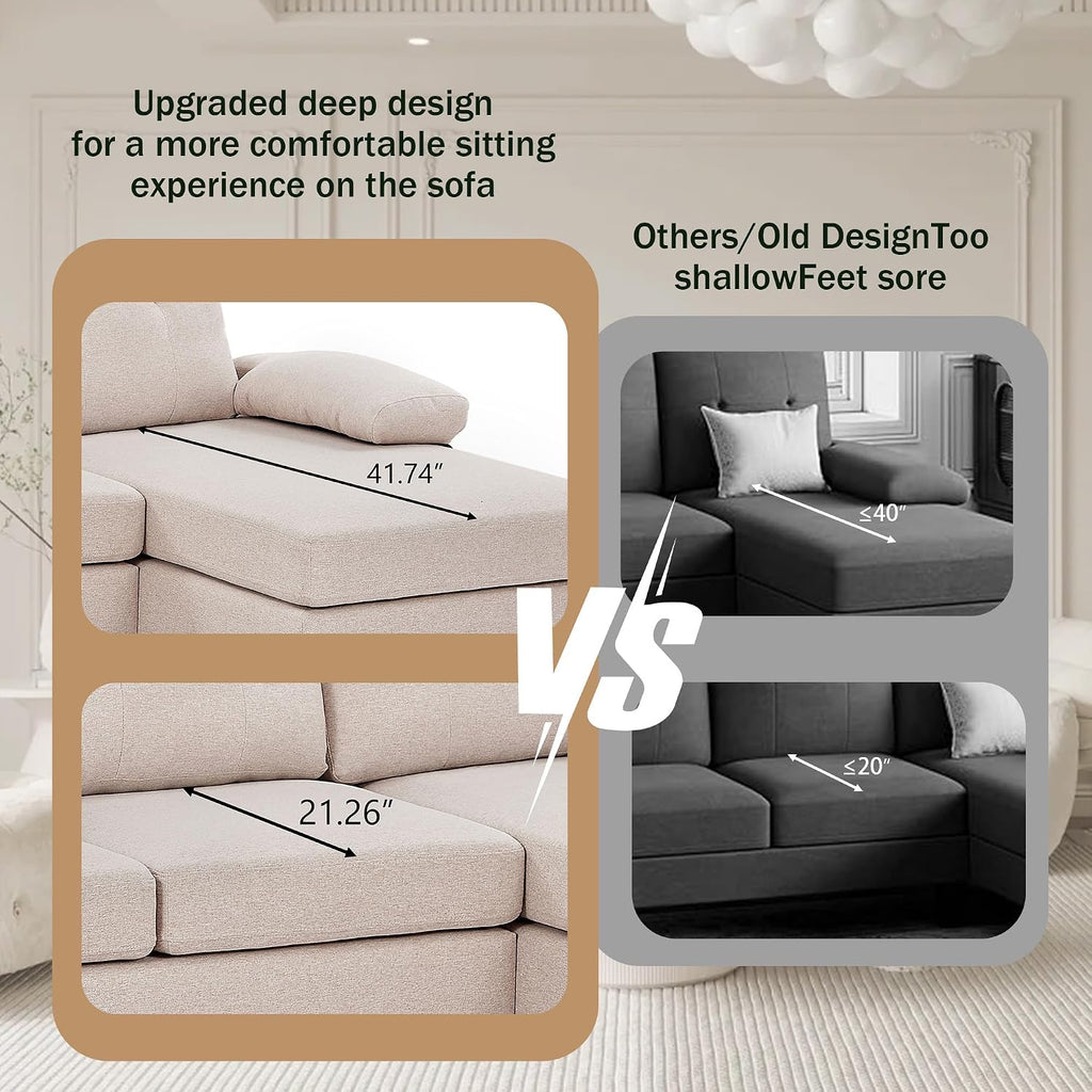 Sectional Couch for Living Room, Modern Linen Fibre U Shaped Sofa Couches with Double Chaise, Upholstered 4 Seater Sofa for Living Room, Apartment, Office, Beige