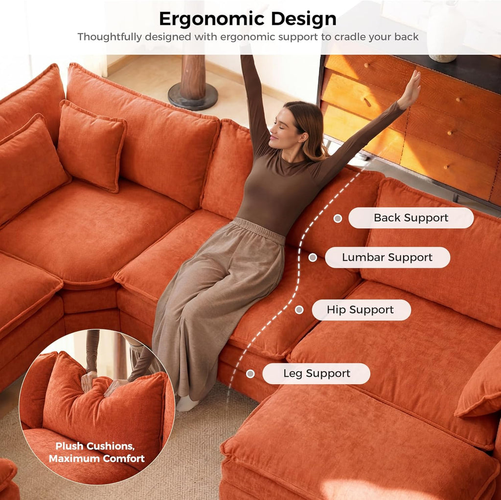 ELUCHANG Oversized 79' Modular Sectional Sofa Bed, Comfy Cloud Couch for Living Room, Modern Sofa with 2 Ottoman, Apartment Couch, DIY Combination - Chenille Terracotta