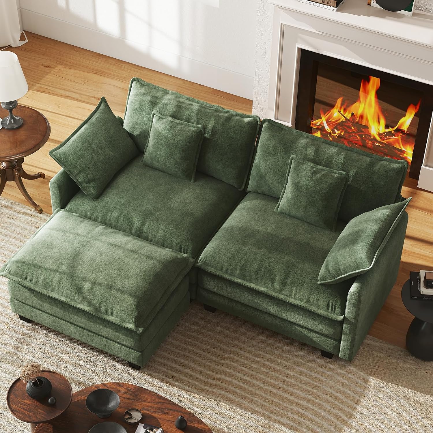 WorthFurni 77 Inch L Shape Cloud Sofa, Modular Sectional Couch with Ottoman, Comfy Chenille Deep Seat Loveseat with Pillow for Living Room Bedroom Apartment (Green)