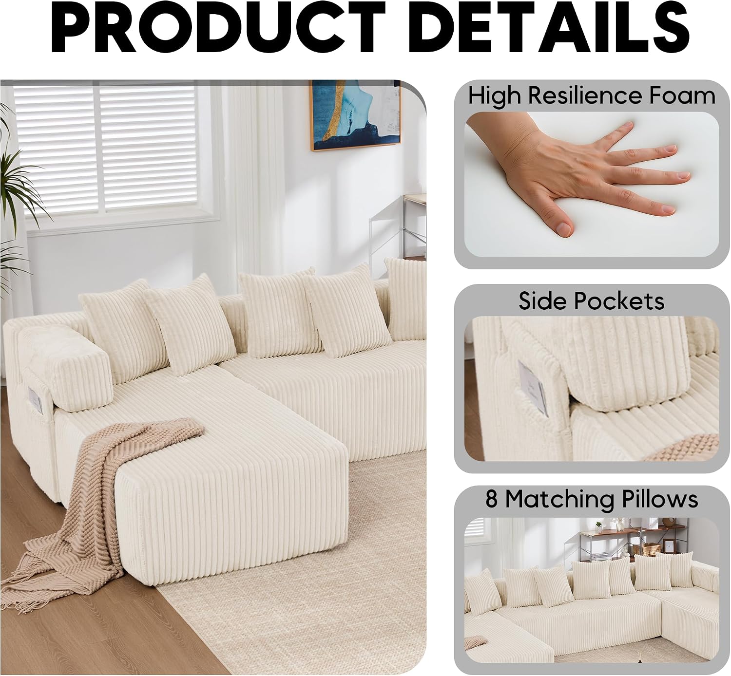 Oversized Cloud Boneless Couch with Chaise, 146' Modern U Shape Modular Deep Seat Sectional Sofa, Comfy Corduroy Upholstered Couches for Living Room, No Assembly Required-Beige