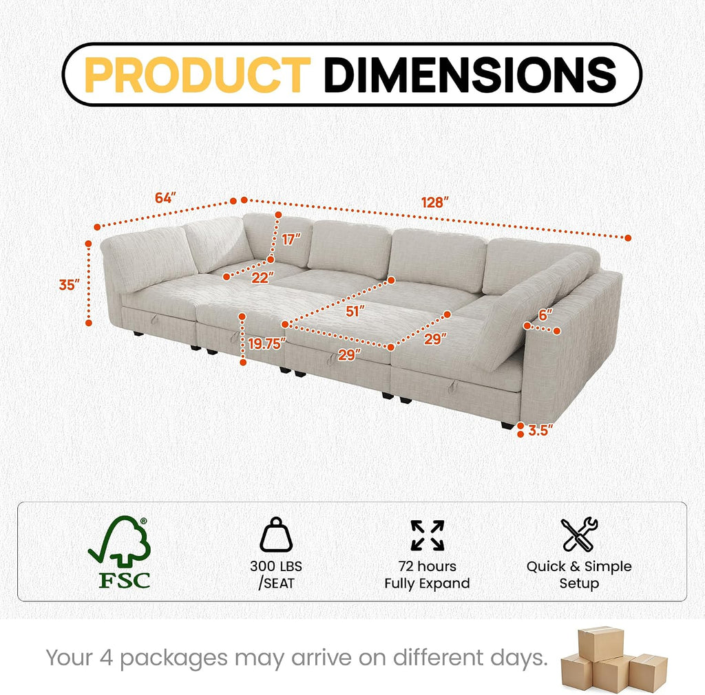 128' Modular Sectional Chenille Sofa bed with Hidden Storage, Comfy Modern 8 Seater Oversized Deep Seat Couch, Modular Sectional with Ottoman and Removable Cover for Living Room, Apartment, Beige