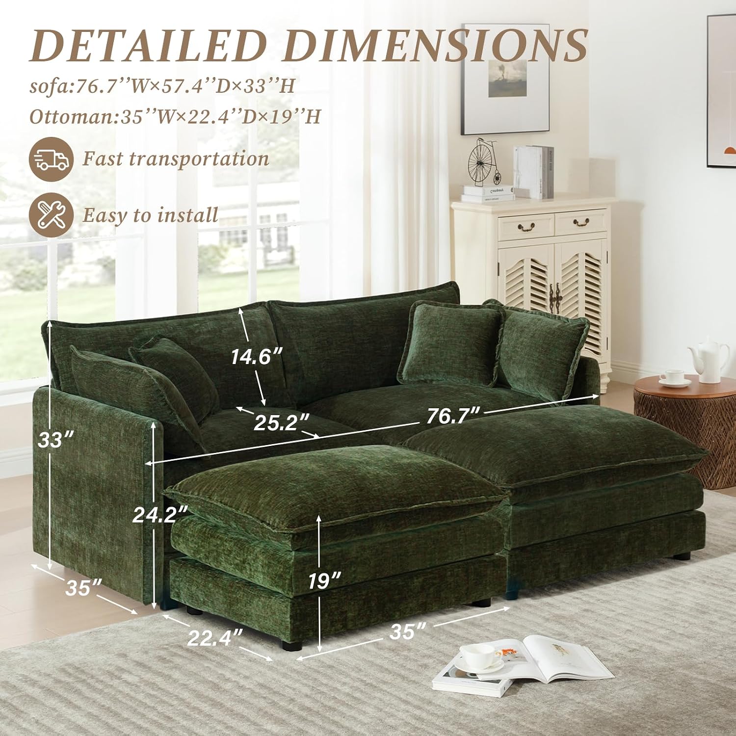 SoarFlash Chenille Sectional Sofa, Comfy Modular Coush Sofa with Ottoman, Modern 2 Seat Recliner Deep Seat Sofa Set for Living Room,Green