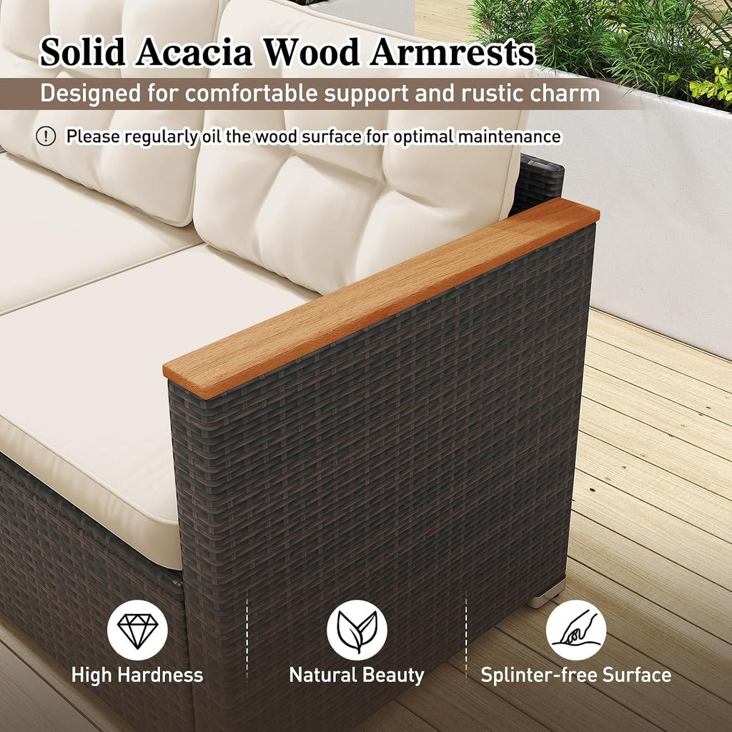 Tangkula 3-Seat Patio Wicker Couch Sofa, Outdoor 3 Seater Rattan Furniture Set with Acacia Wood Armrests & Thick Cushion, Outside Sectional Sofa Couch for Porch, Deck, Garden and Backyard, Off White