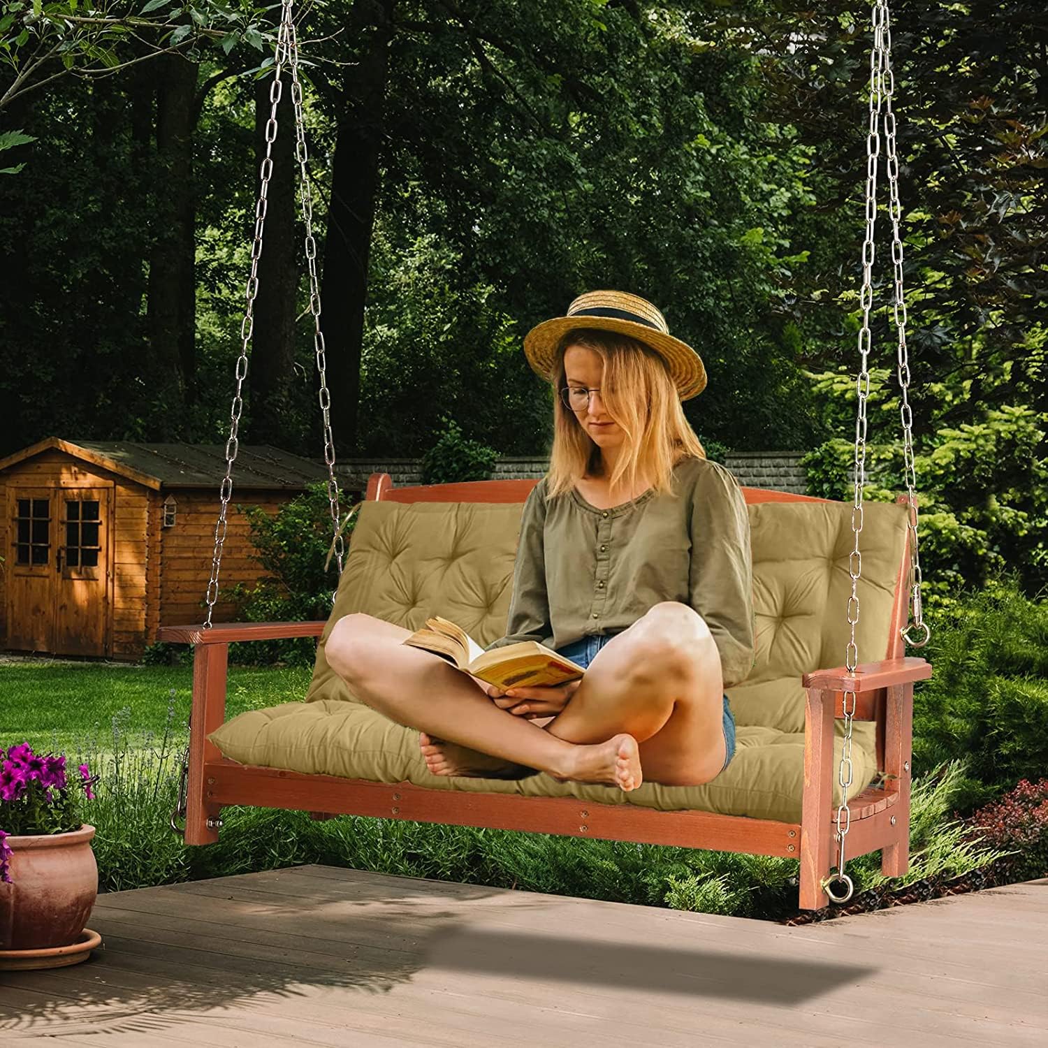 Waterproof Porch Swing Cushion Replacement, Thick 4' 2–3 Seat Outdoor Swing Seat Cushion with Backrest & Ties for Patio, Garden & Porch(Beige 40 * 60 in)