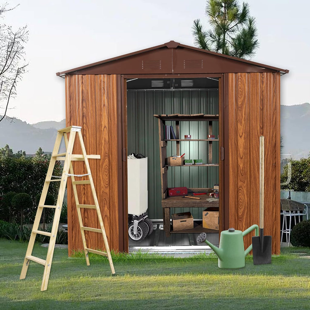 6x6 ft Outdoor Metal Storage Shed with Floor Foundation and Window, Lockable Galvanized Steel Tool Shed with Sliding Door and Air Vent, Waterproof Garden Storage House for Backyard, Patio