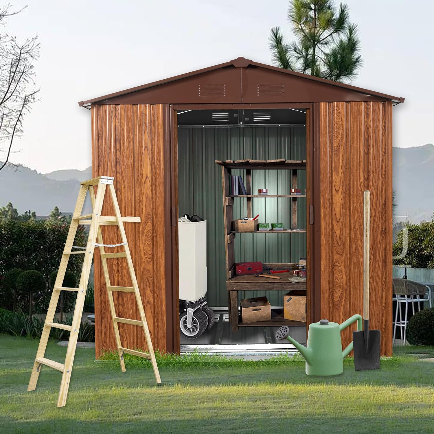 6x6 ft Outdoor Metal Storage Shed with Floor Foundation and Window, Lockable Galvanized Steel Tool Shed with Sliding Door and Air Vent, Waterproof Garden Storage House for Backyard, Patio