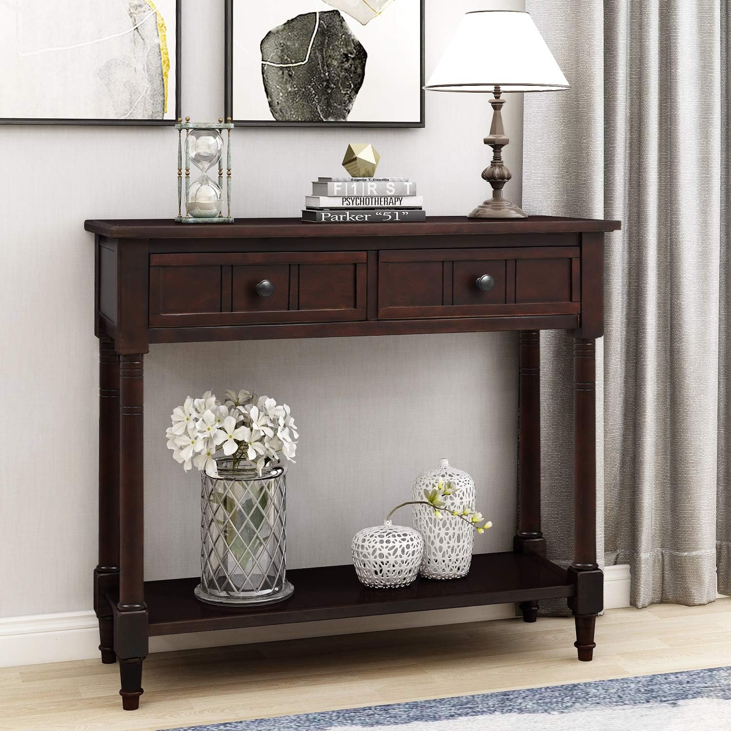 Bellemave Console Table with Drawers, Retro Entryway Table with 2 Drawers and Open Storage Shelf, Narrow Long Sofa Table, Behind Couch Table for Living Room, Foyer and Hallway,Espresso