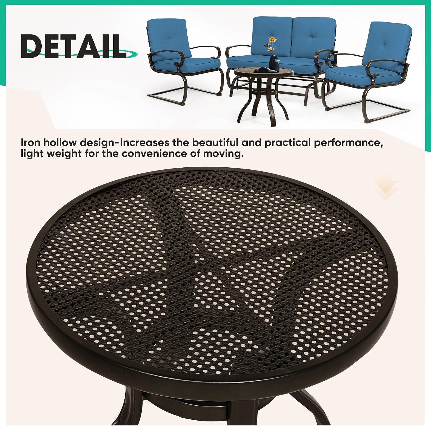Incbruce Patio Conversation Sets - Outdoor Metal Furniture Set (Peacock Blue, Wrought Iron, 4Pcs Including Glider, Bistro Table, 2 Spring Lounge Chairs)