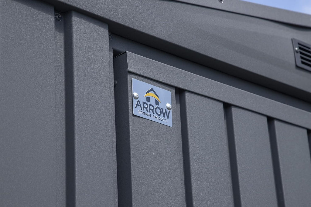 Arrow Shed Elite 14' x 14' Tall Outdoor Steel Storage Shed with High Gable and Lockable Doors Storage Building, Anthracite