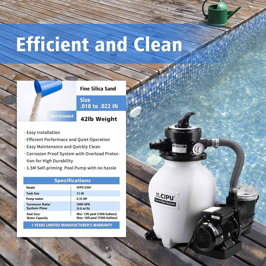 CIPU 12-inch Sand Filter Pump System Handy 4-Way Valve for Above Ground Swimming Pools with Prefilter Pool Pump 115V 6-Foot Cord to Easy Installation SFPS12501