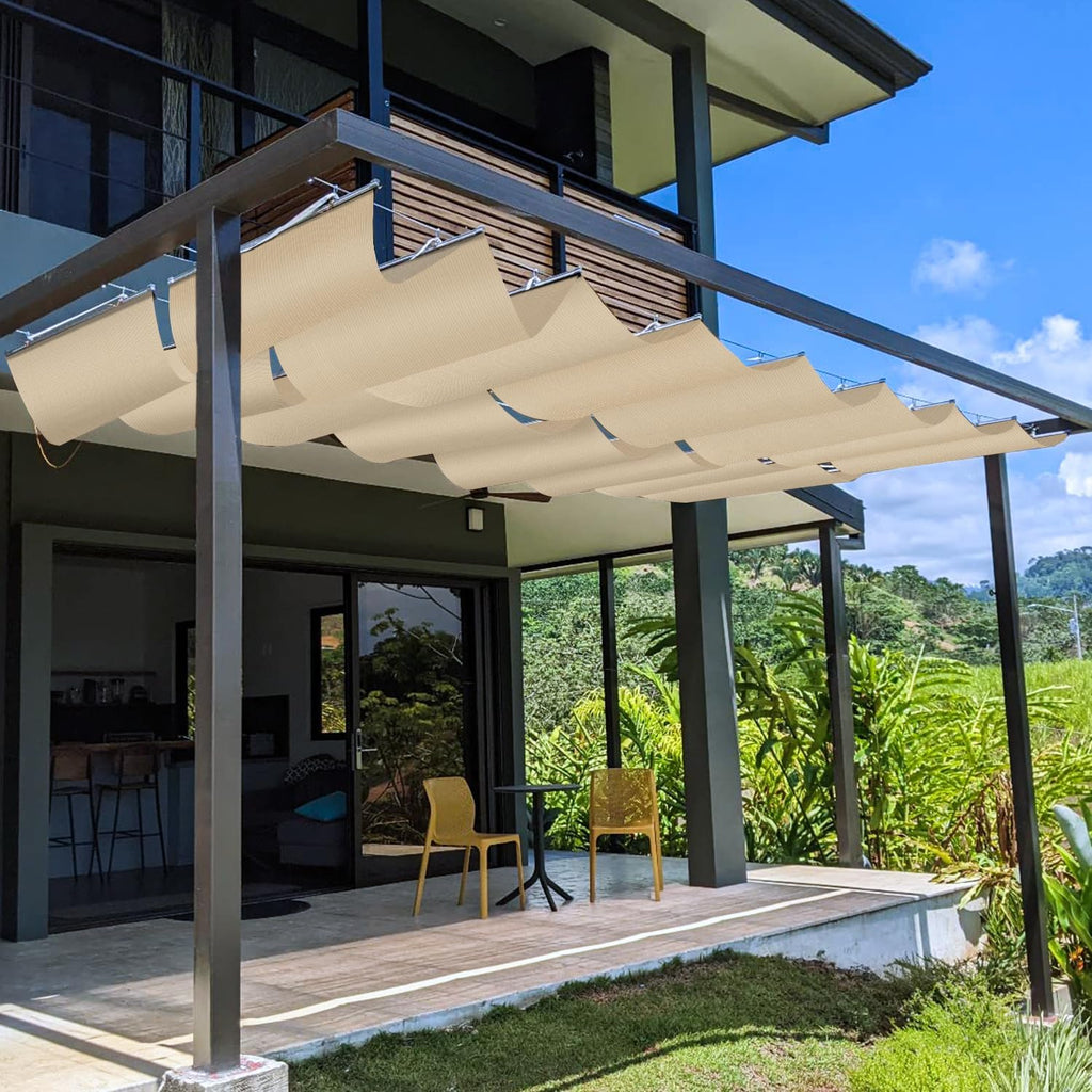 TANG 4' x 8' Pergola Cover Shade Canopy, Retractable Awning Sun Shades Outdoor Patio Pergolas Kit for Deck Backyard Gazebo, Wave Shade Sail with Hardware Wire Cable, Beige