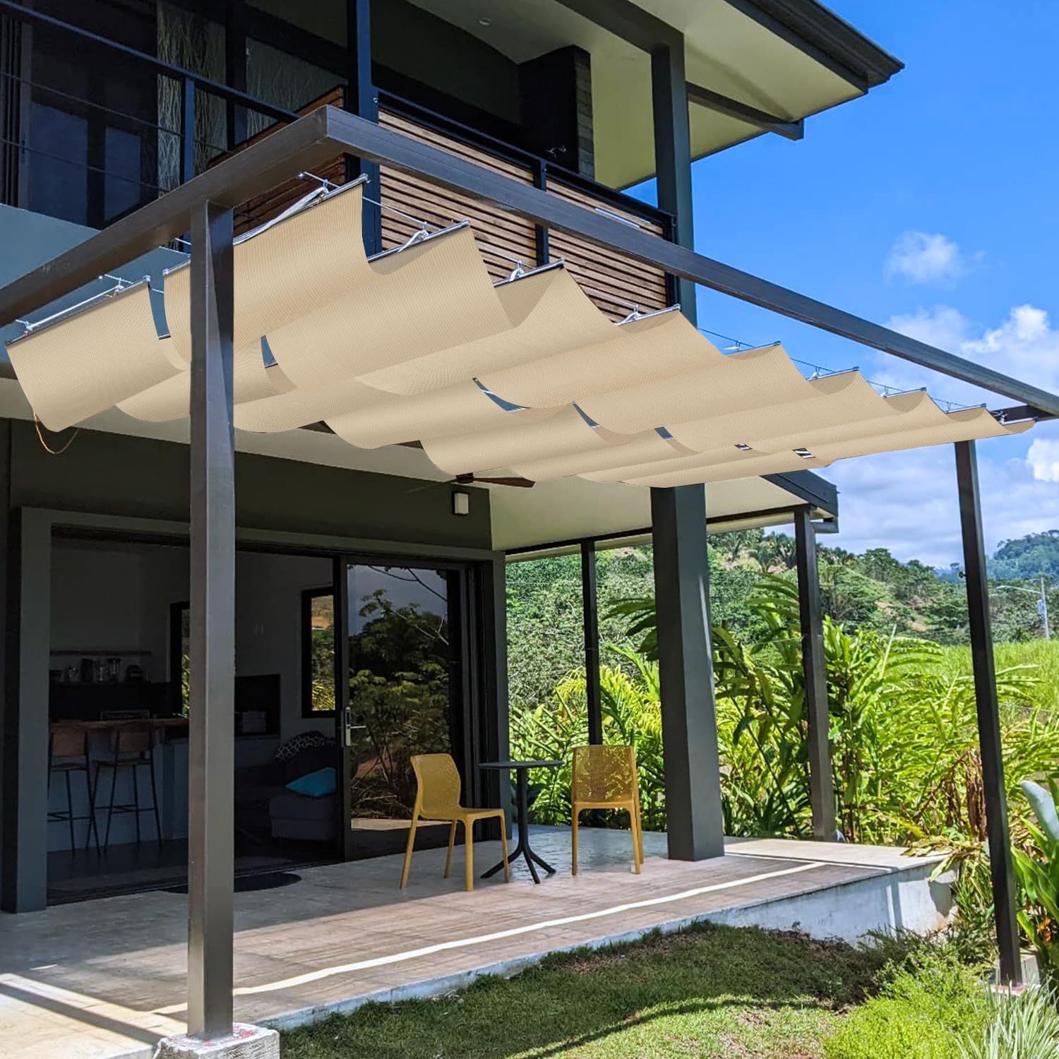 TANG 4' x 8' Pergola Cover Shade Canopy, Retractable Awning Sun Shades Outdoor Patio Pergolas Kit for Deck Backyard Gazebo, Wave Shade Sail with Hardware Wire Cable, Beige