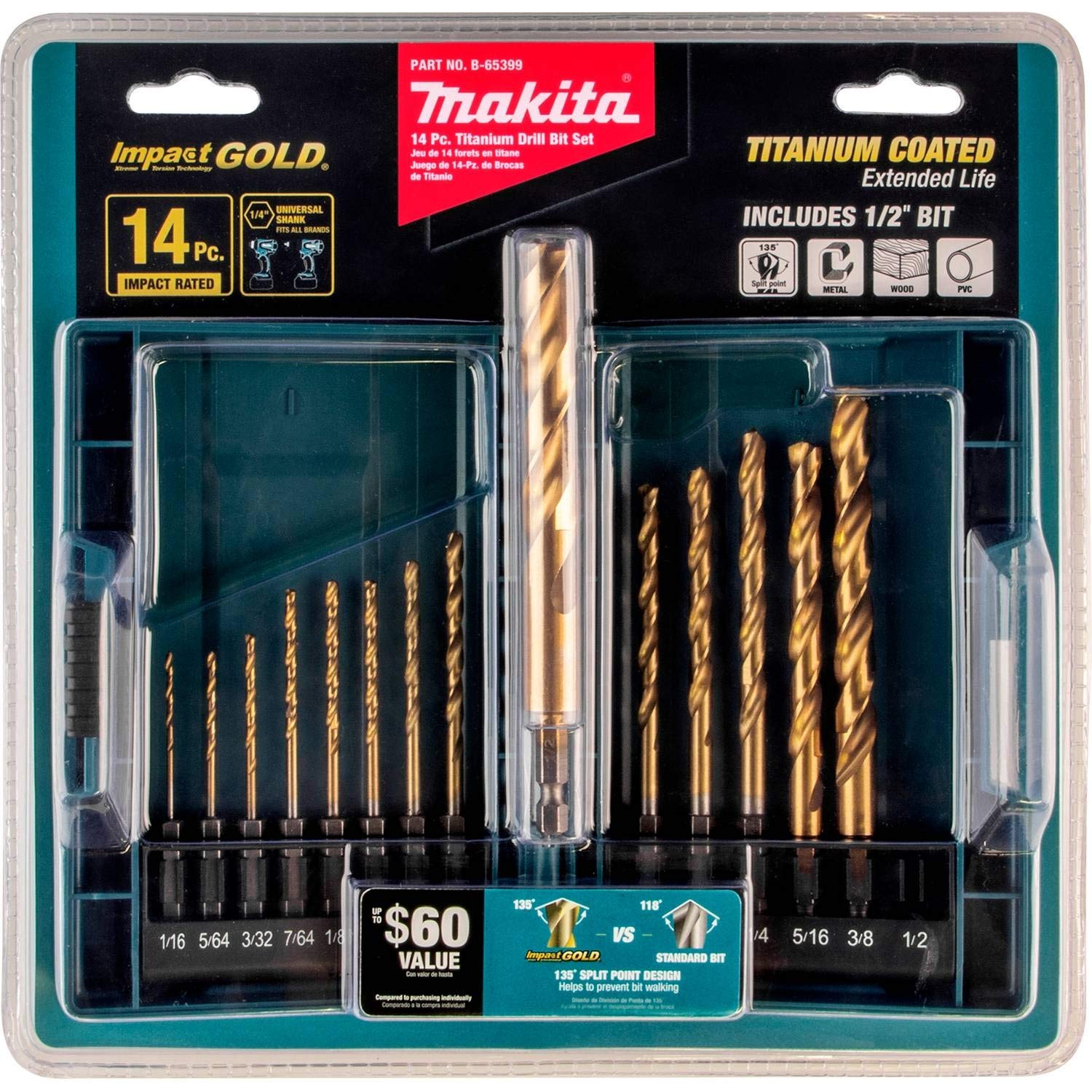 Makita B-65399 Impact Gold 14 Pc. Titanium Drill Bit Set,1/4 In. Hex Shank,(Pack of 10)