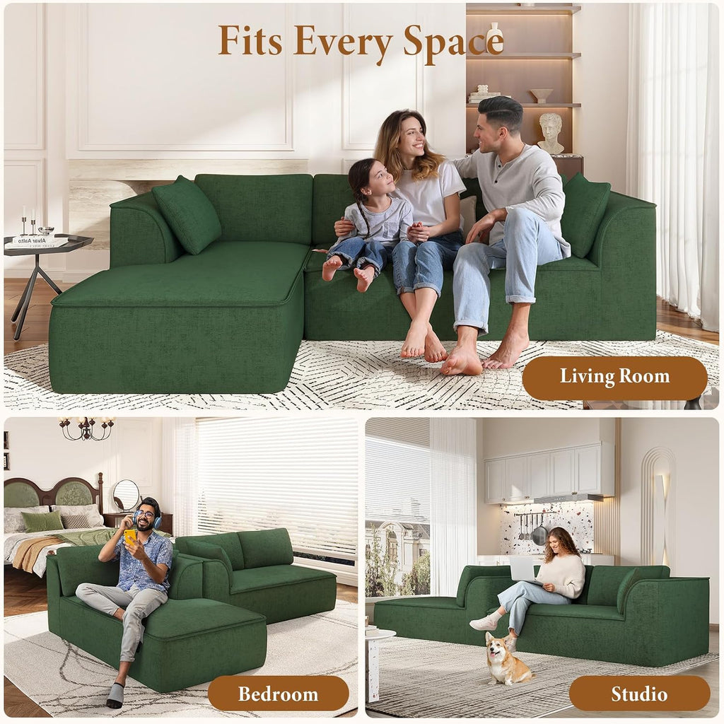 Vesgantti 106' Cloud Couch Sectional Modular Sofa, Deep Seat Comfy Cloud Couch Chenille Memory Foam Sofa Modular Couches for Living Room Bedroom, No Assembly Required (Green, Left-Facing Chaise)