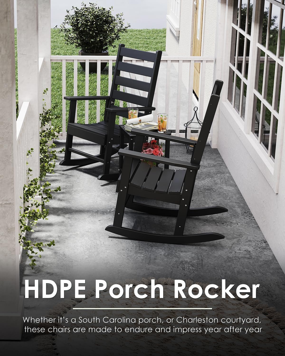 GREENVINES Outdoor-Rocking-Chair | HDPE Plastic | Patio Rockers | Porch Rocker Chairs | Shaker | Oversized | High Ladder Back | Big & Tall | PentaLuxe | Black