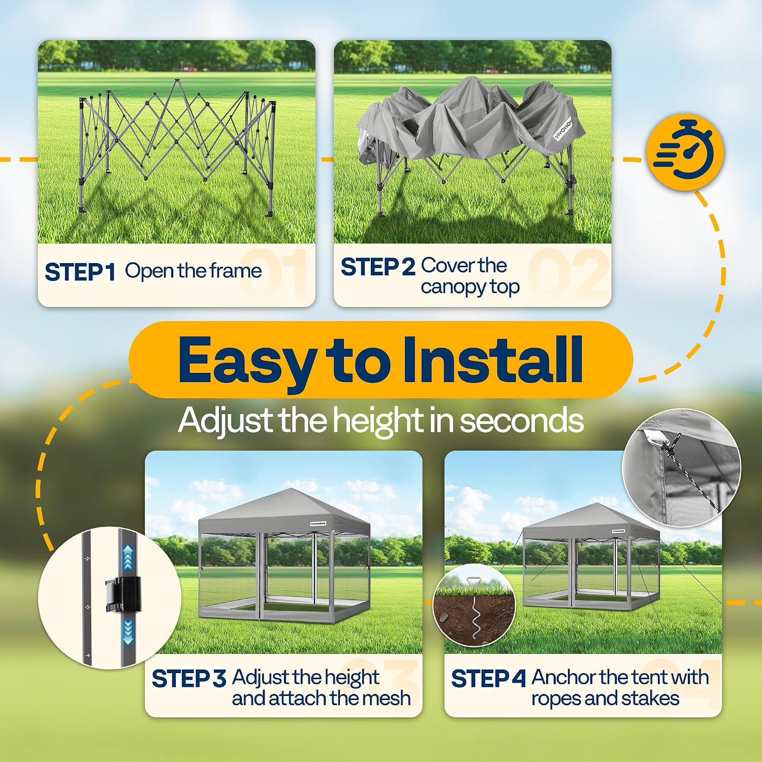 VIVOHOME 8x8ft Easy Pop-Up Canopy, Outdoor Screen Tent with Mosquito Netting, 2 Zipper Doors, and Roller Bag for Yard Camping Picnic Party Events, Grey