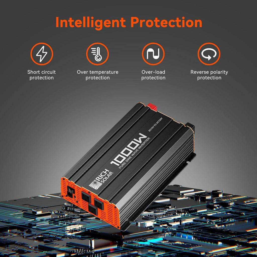 RICH SOLAR 1000 Watt 12 Volt Industrial Pure Sine Wave Inverter 12V DC to 110V AC Converter for RV Trailer Marine Off Grid Home