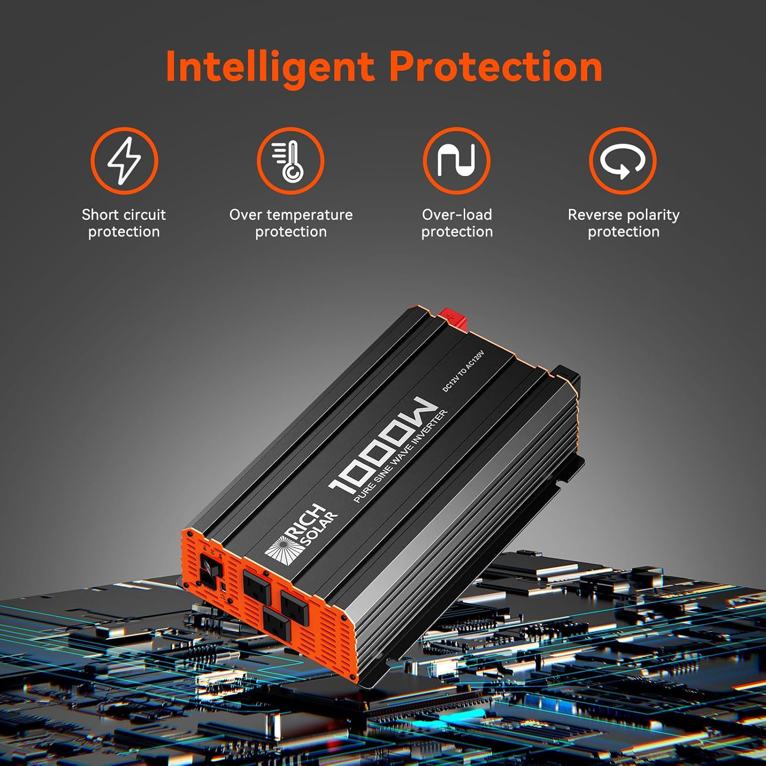 RICH SOLAR 1000 Watt 12 Volt Industrial Pure Sine Wave Inverter 12V DC to 110V AC Converter for RV Trailer Marine Off Grid Home