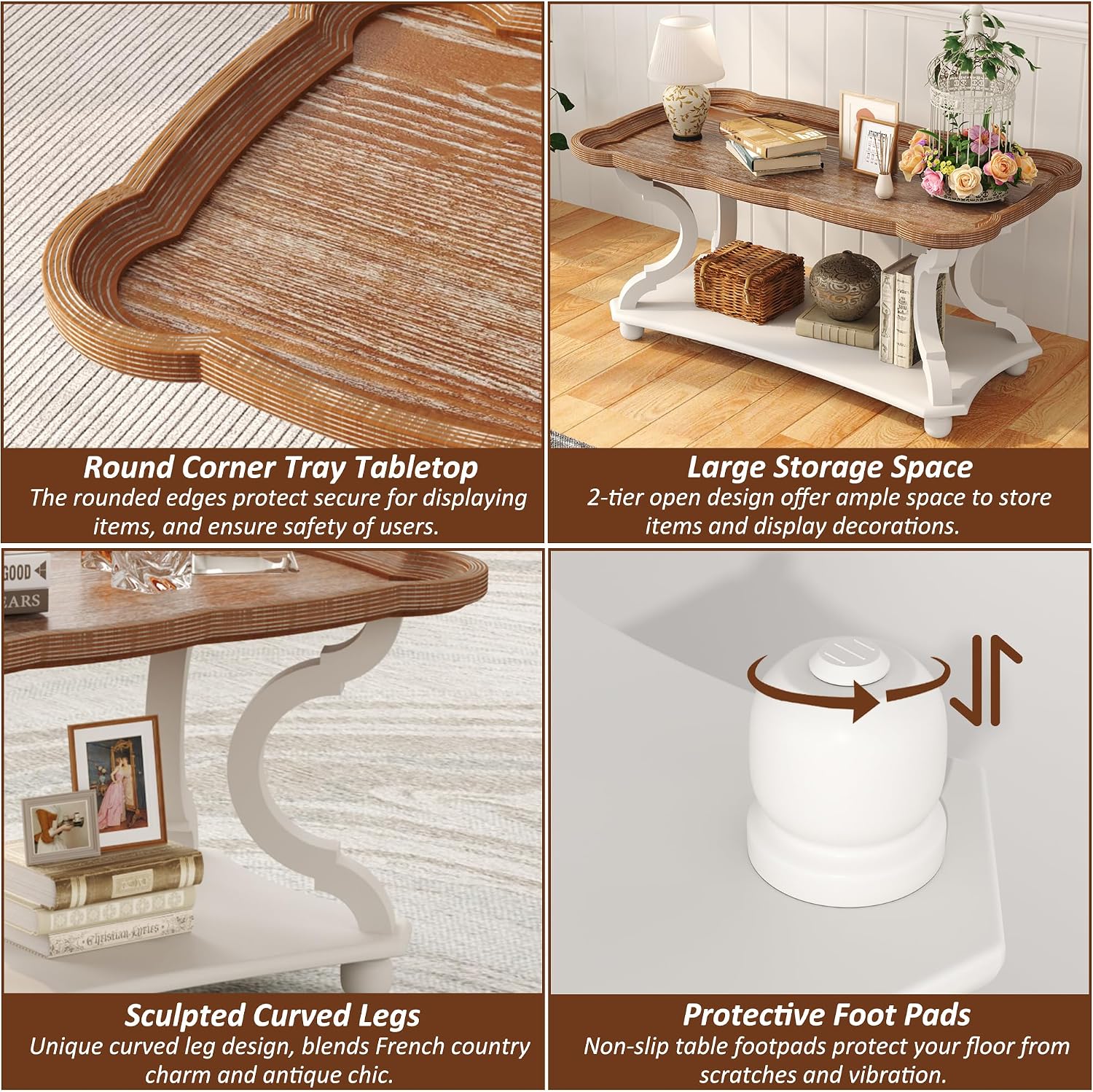 Function Home Farmhouse Coffee Table, 2-Tier Center Table with Storage Shelf, 39.8' French Country Rectangle Accent Table with Natural Tray Top and Curved Legs for Living Room Balcony, Vintage White