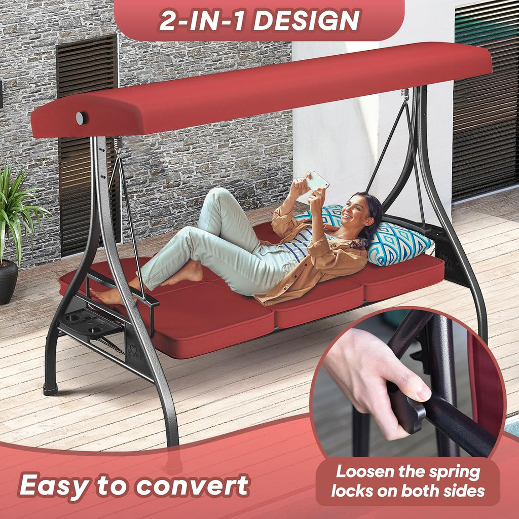 ZZW 3 Seat Outdoor Porch Patio Swing with Stand 800lbs 2-in-1 Convertible Swing Bed with Adjustable Canopy & Removable Cushion for Yard Garden Deck (Red, Square Tube)