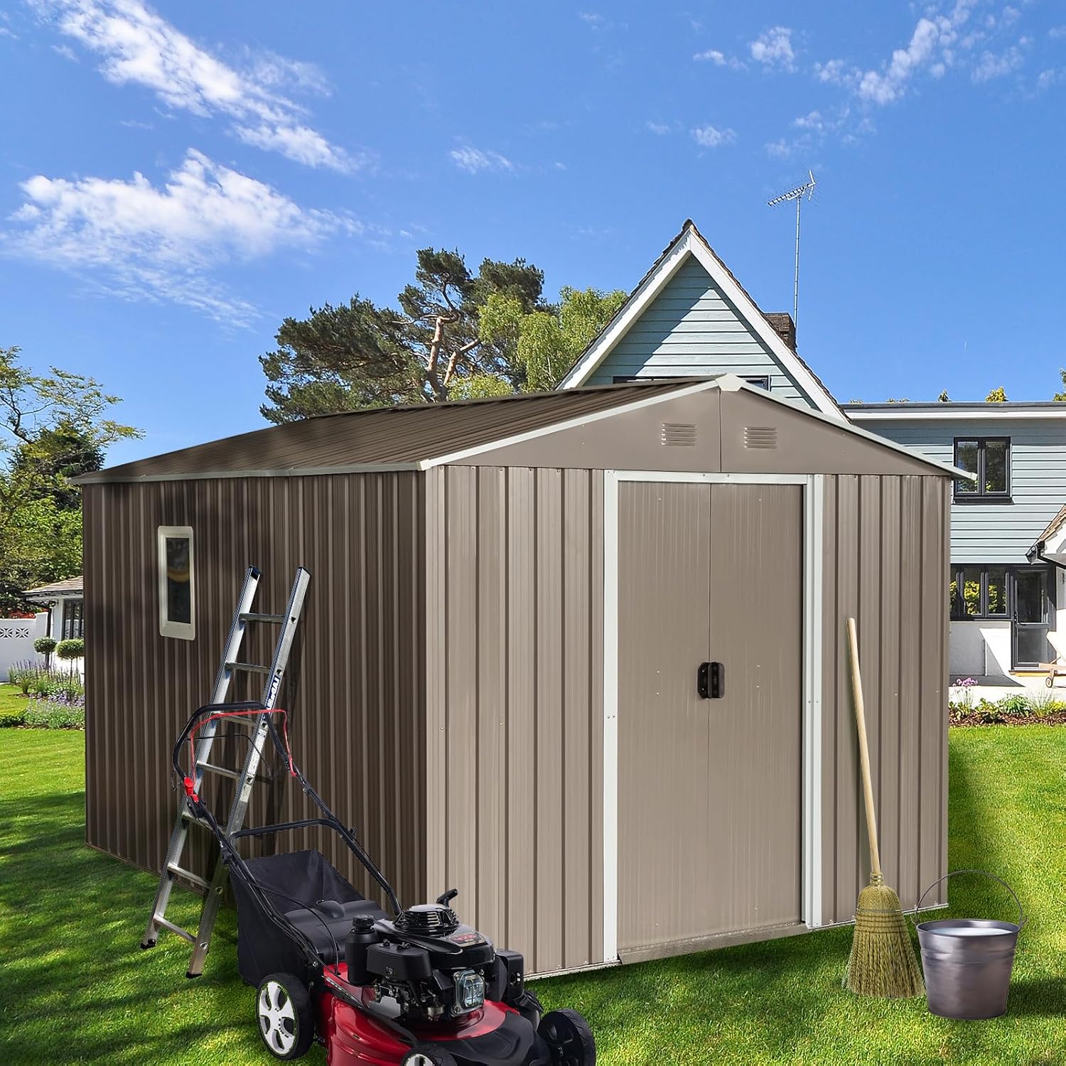 8x10 ft Outdoor Metal Storage Shed with Floor Foundation and Window, Lockable Galvanized Steel Tool Shed with Sliding Door and Air Vent, Waterproof Garden Storage House for Backyard, Patio
