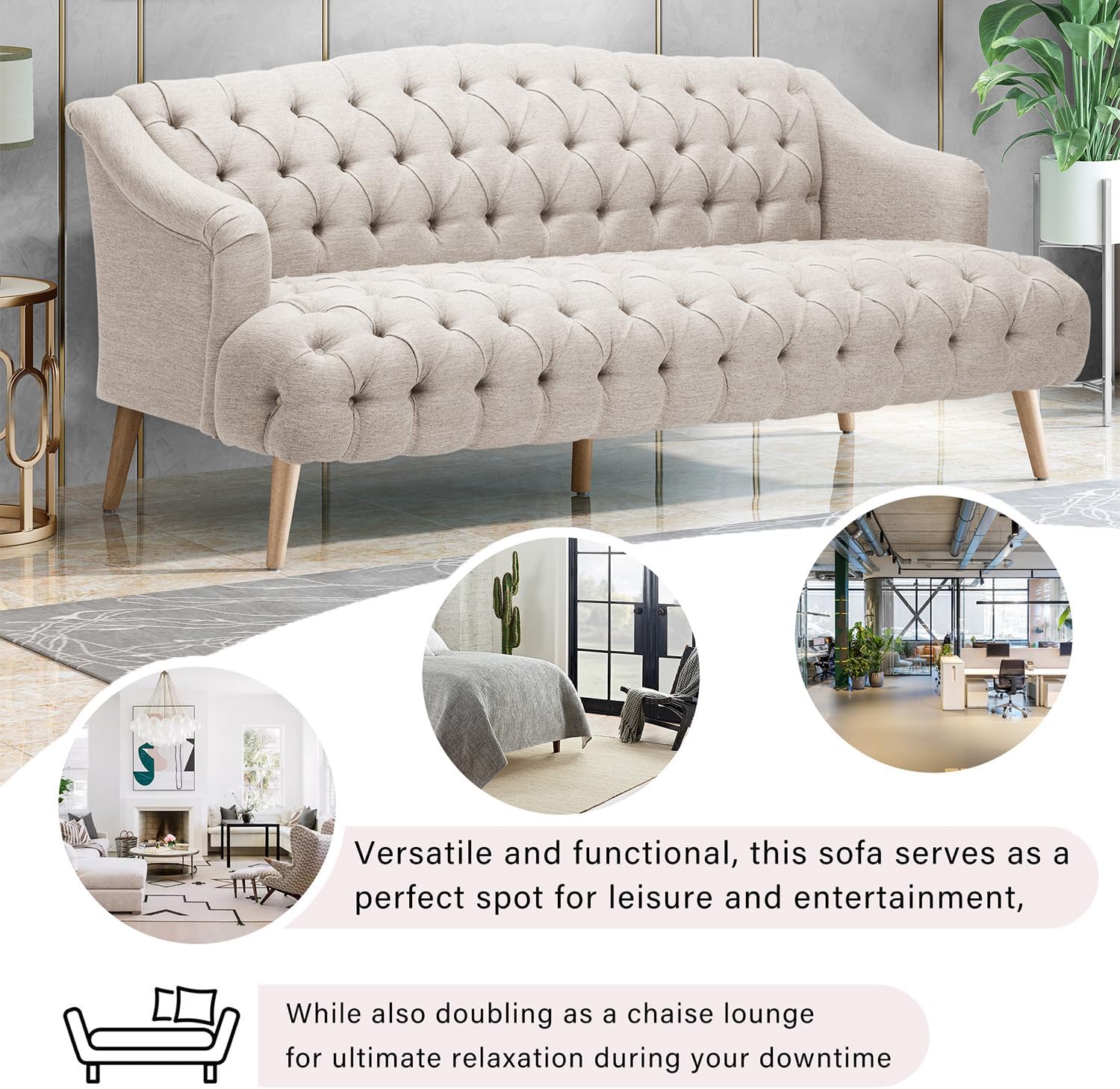 Beige Modern Velvet Loveseat Sofa Couch, 73' Mid - Century Tufted Upholstered Small Love Seat Couch, Curved High Back 3-Seats Couches for Compact Space, Living Room, Apartment (Beige)