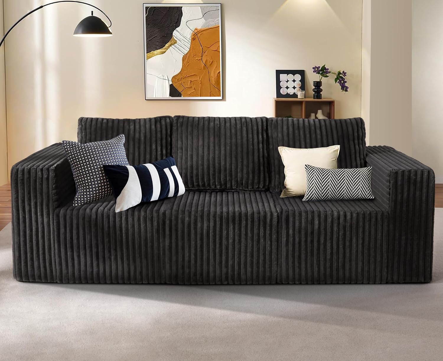 Modular Sectional Sofa 3-Seater Modular Couch with Deep Seat Memory Foam Cloud Chair with Pillows Oversized Sectional Sofa for Living Room Bedroom (Strip Grey, 3-Seater)