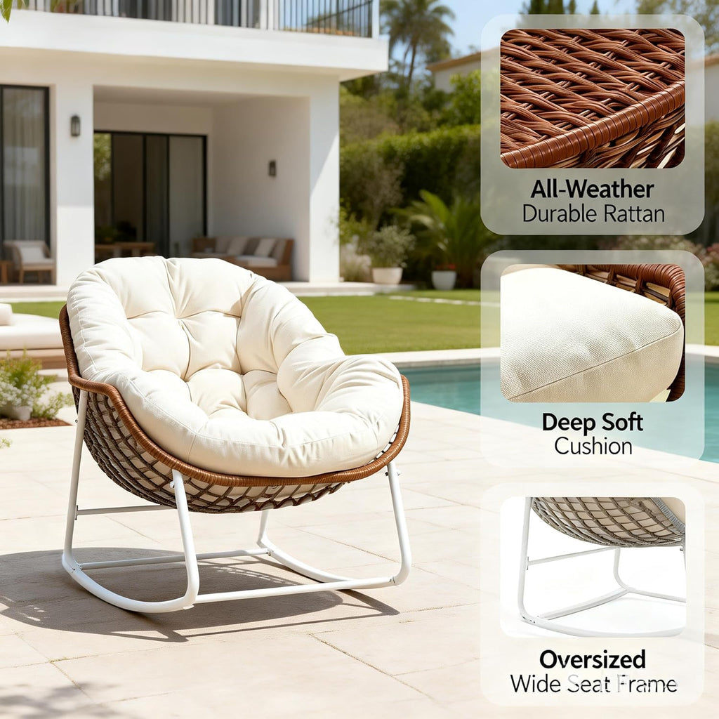 YDcosyfy Oversized Outdoor Papasan Rocking Chair with Soft Cushion, Comfy Patio Egg Chair, Wicker Lounge Rocker for Balcony/Porch/Garden, Reinforced All Weather Rattan Frame, 330 lbs Support, Cream