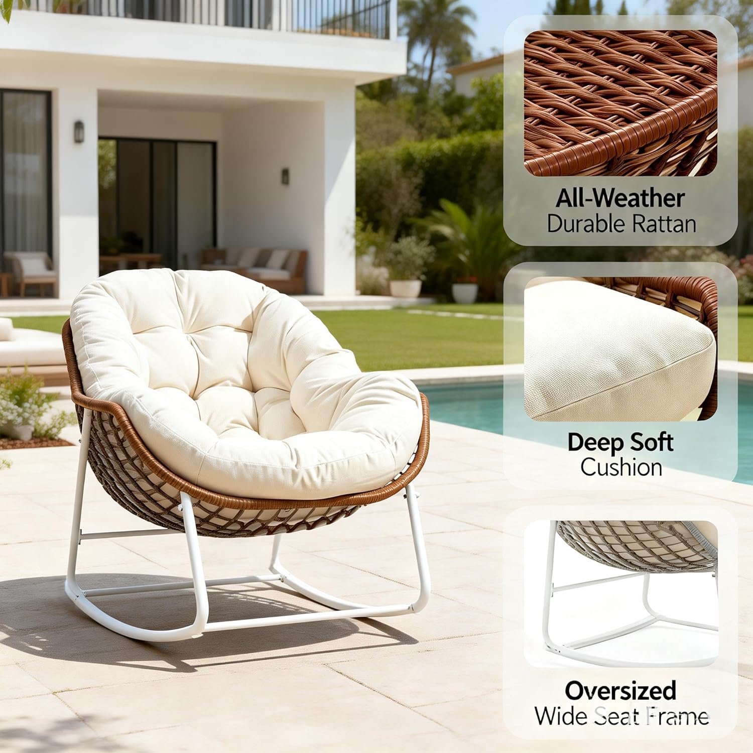 YDcosyfy Oversized Outdoor Papasan Rocking Chair with Soft Cushion, Comfy Patio Egg Chair, Wicker Lounge Rocker for Balcony/Porch/Garden, Reinforced All Weather Rattan Frame, 330 lbs Support, Cream