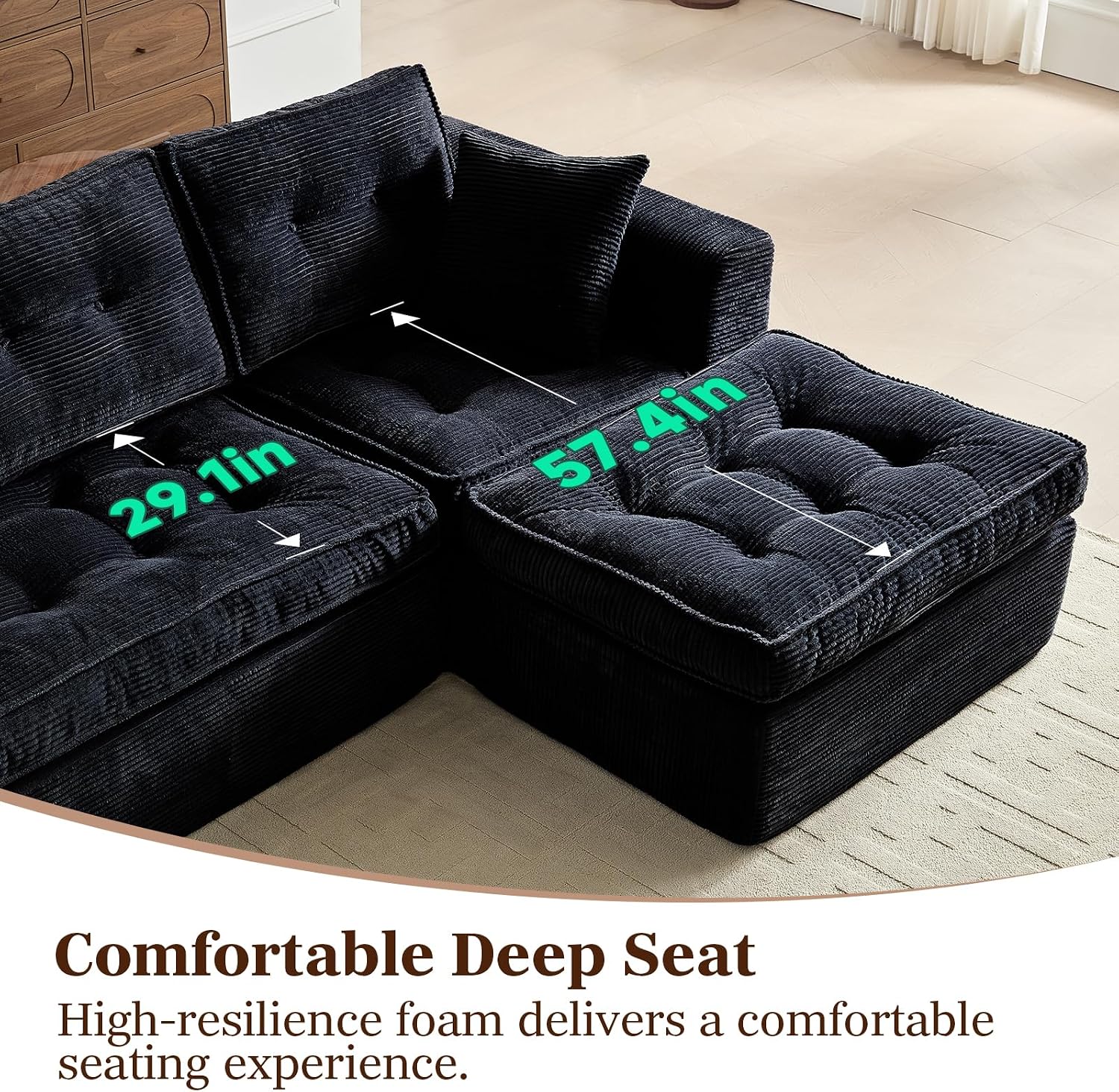 ROXGOX Cloud Couches for Living Room, Modern Modular Sectional Sofa with L-Shape Chaise, Boneless Couch with Deep Seat, Plush Corduroy, No Assembly Required (Black)