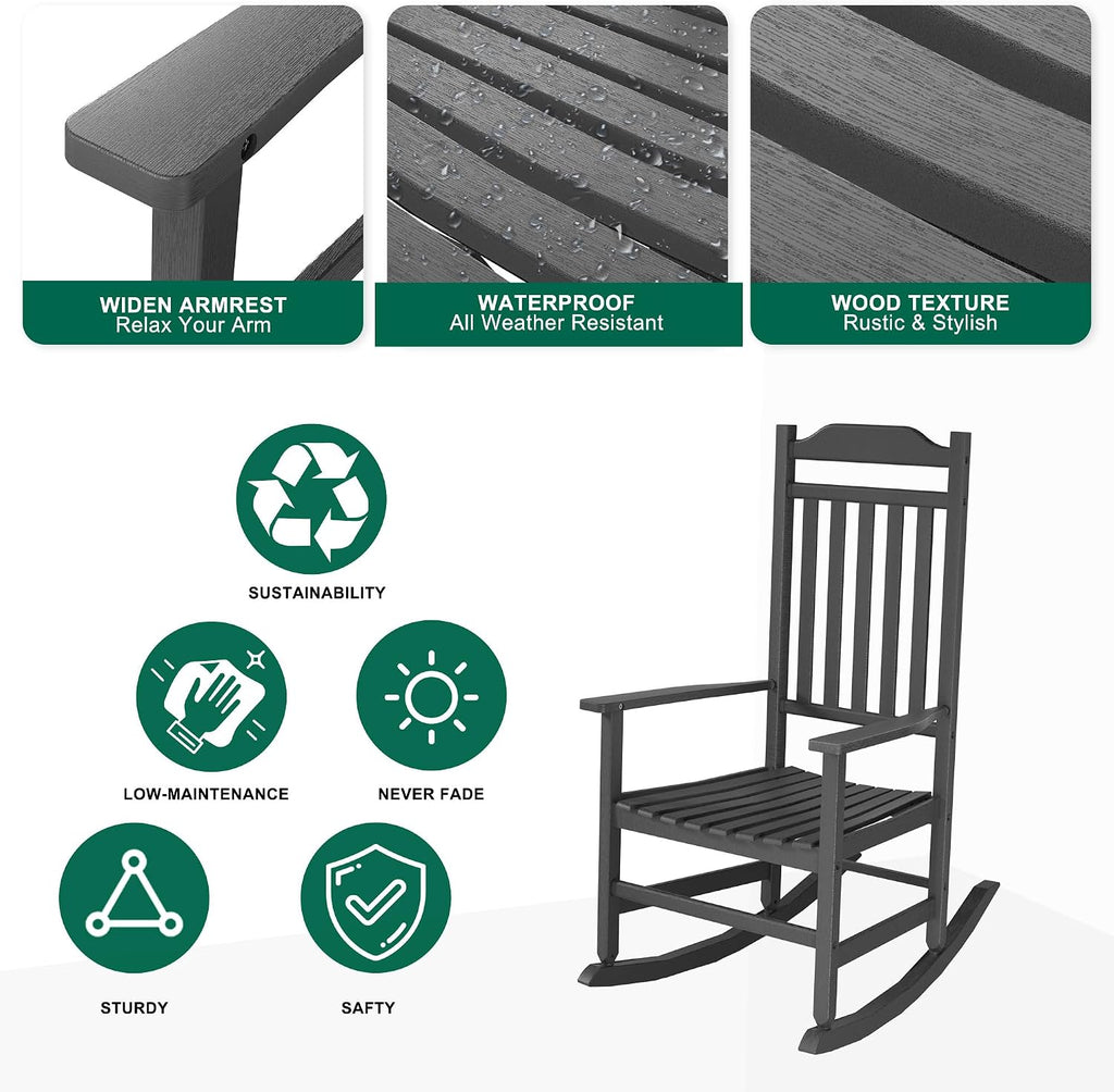 PatioZen Outdoor Rocking Chair Porch Rocker All Weather Resistant Porch Rocker for Lawn Garden High Back Armrest (2,Black)