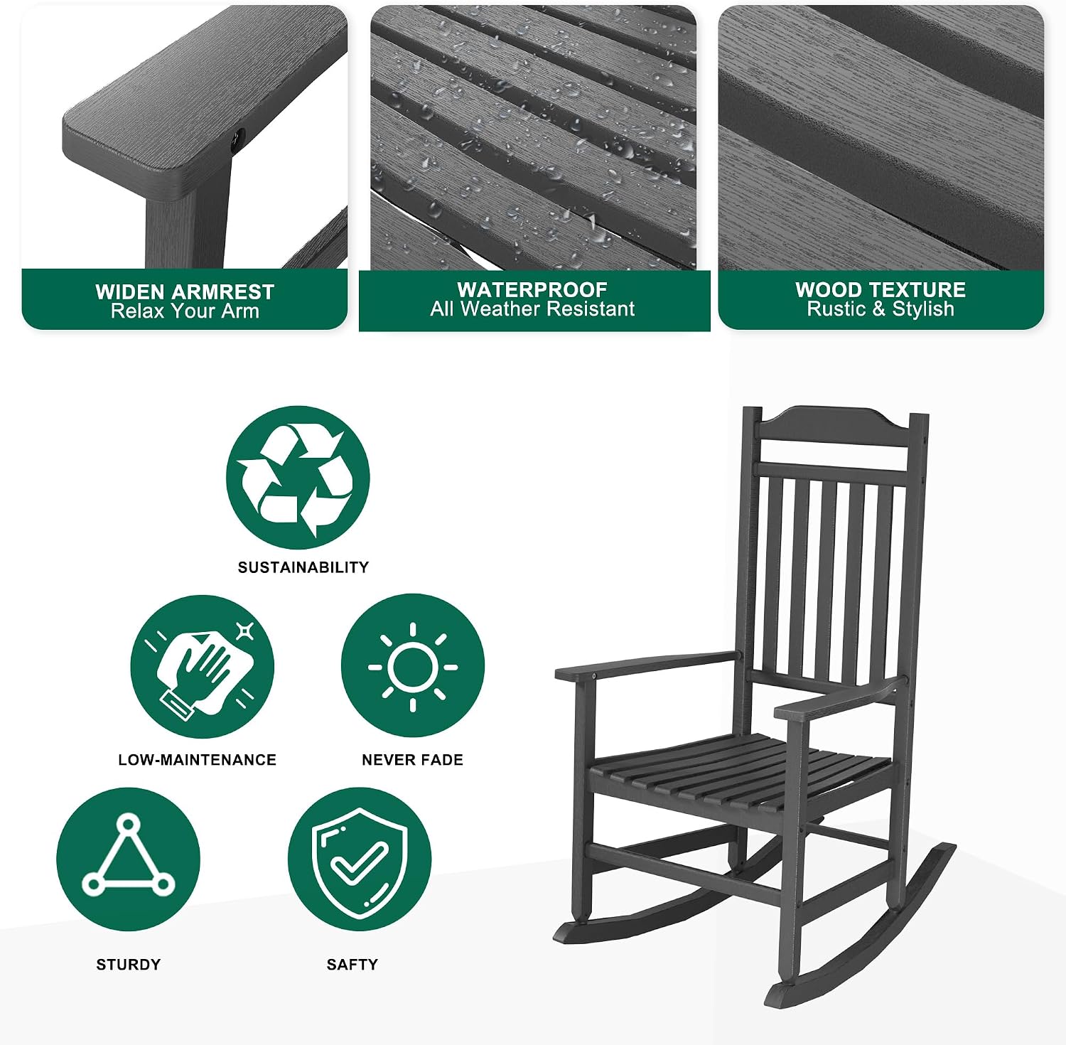 PatioZen Outdoor Rocking Chair Porch Rocker All Weather Resistant Porch Rocker for Lawn Garden High Back Armrest (2,Black)