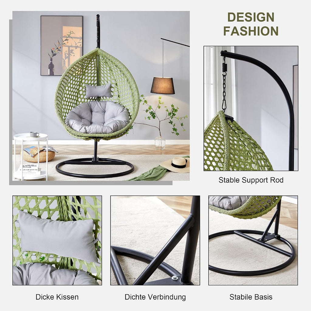 Egg Swing Chair Outdoor with Stand, Hanging Egg Rattan Basket Chair with Cushion and Pillow, Swinging Egg Chair, Foldable Basket and Metal Stand for Porch, Patio, Bedroom, Balcony,Yard (Green)