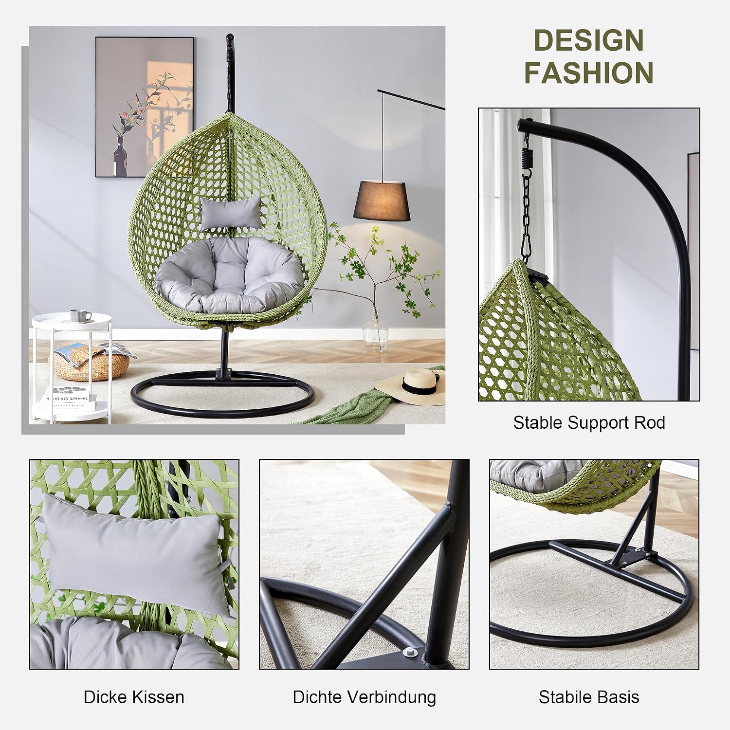 Egg Swing Chair Outdoor with Stand, Hanging Egg Rattan Basket Chair with Cushion and Pillow, Swinging Egg Chair, Foldable Basket and Metal Stand for Porch, Patio, Bedroom, Balcony,Yard (Green)