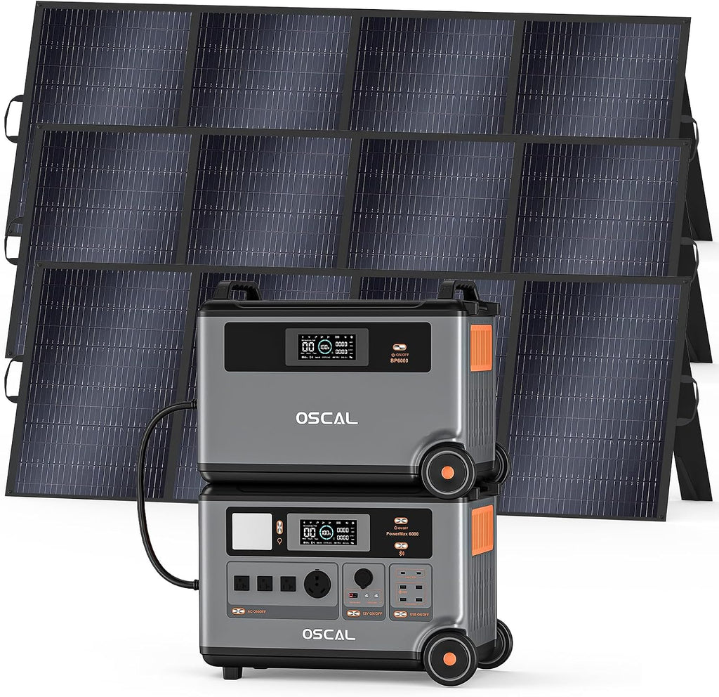 OSCAL PowerMax 6000 with Expansion Battery for 3×400W Solar Panel,120V/240V for Solar Generator,6000w AC Output (9000W Surge),7200Wh Home Backup, Emergency, Outdoor Camping