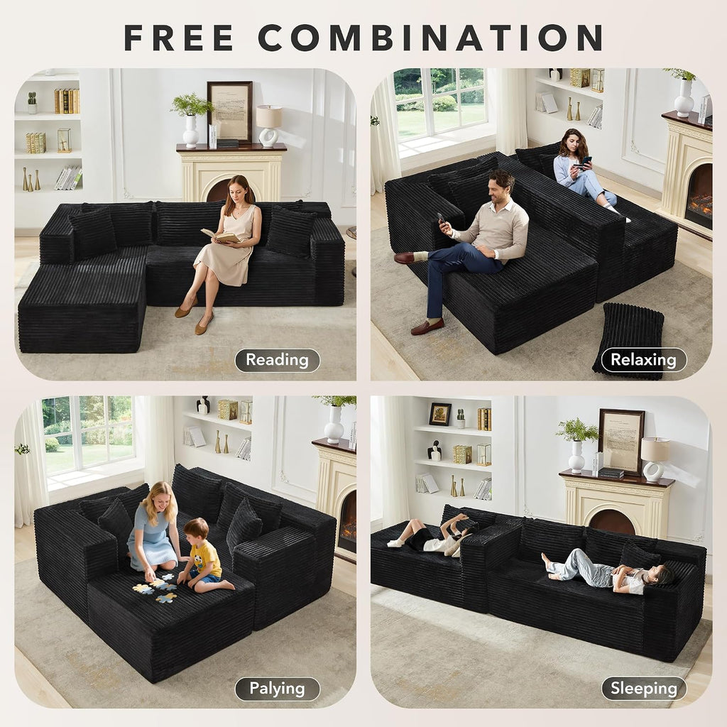 Modular Sectional Sofa Cloud Sectional Couch, 106' Comfy L Shaped Black Couches for Living Room,Oversized Sofa Sleeper with Deep Seat, No Assembly Required