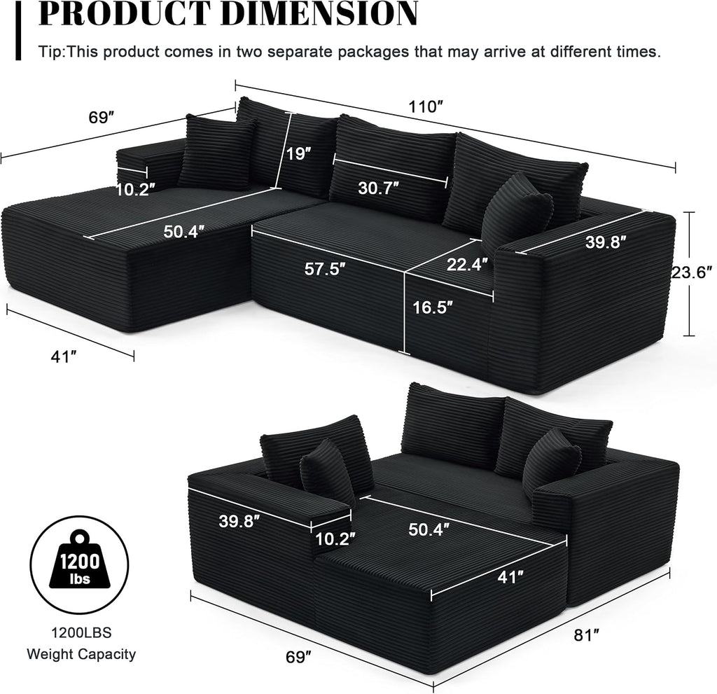 Mangodan 110' Cloud Sectional Couch, Boneless Sofa for Living Room, Modular Sectional Sofa with Deep Seat, Comfy Fluffy Couch with L-Shaped Chaise, No Assembly Required (Left-Facing Chaise, Black)