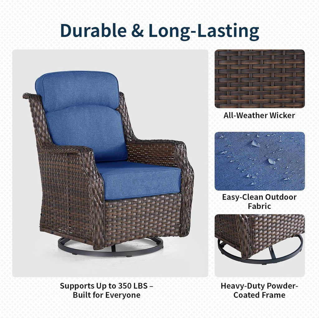 Outdoor Wicker Swivel Rocker Chair with 6-Inch Thick Cushions, High Back Patio Glider Chair, 360° Swivel & Rocking Motion for Porch, Deck, Balcony, Poolside, Brown/Blue