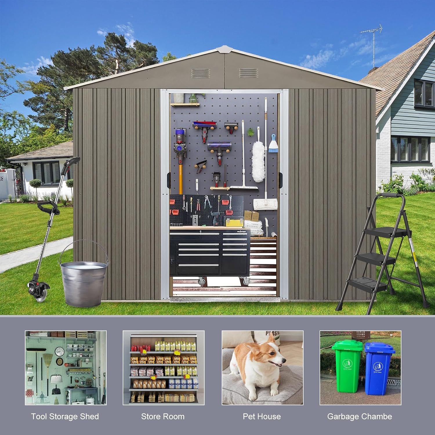 7.5ftx10ft Outdoor Storage Shed with Floor Frame, Metal Garden Shed with Sliding Doors, Waterproof Galvanized Steel Storage House for Backyard Garden, Patio (7.5 x 10 FT, Gray)