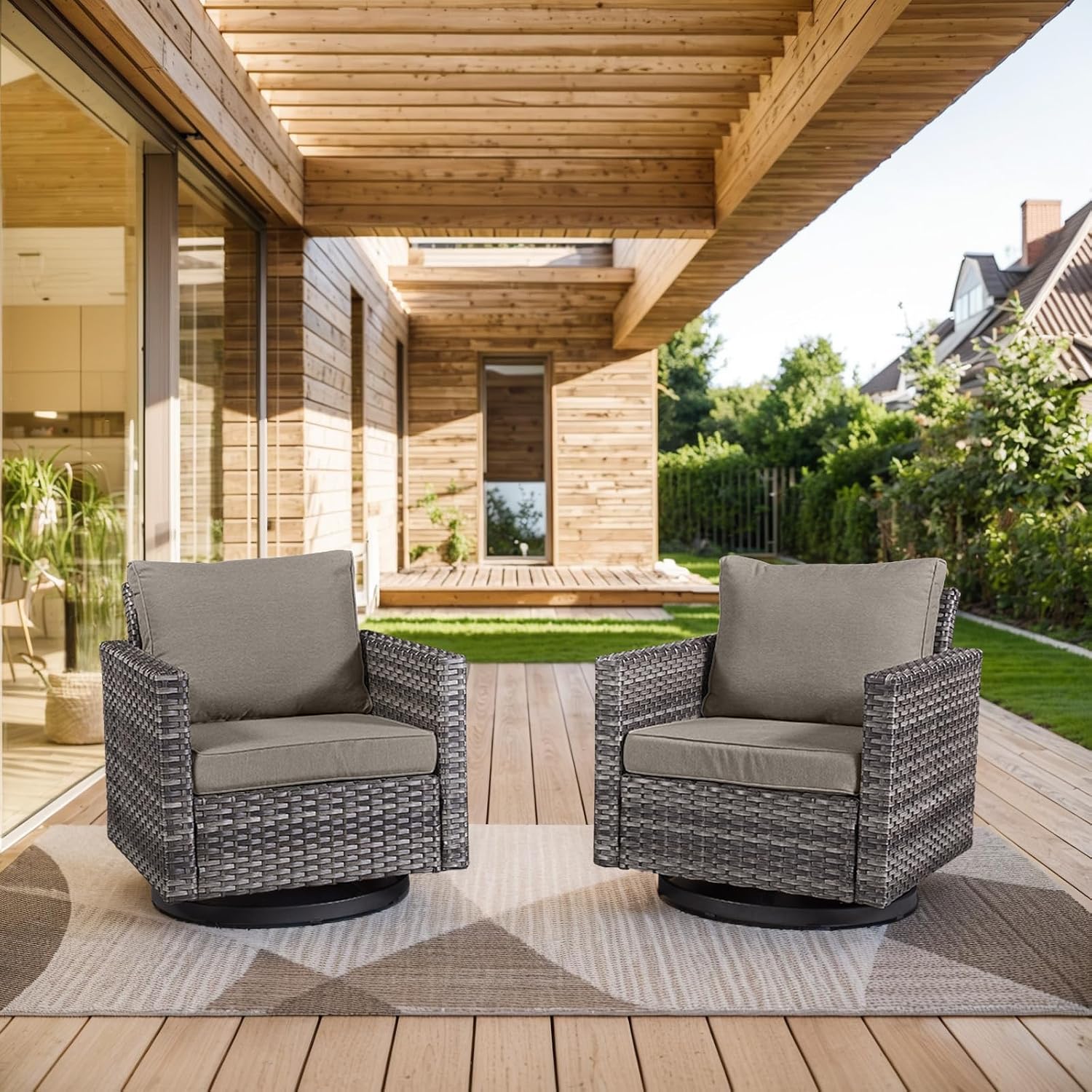Outdoor Patio Swivel Rocker Chairs - Wicker Patio Swivel Rocking Chairs Set of 2 with Waterproof Wicker,Comfortable Cushions and Sturdy Metal Frame for Outside Porch Deck Backyard(Mixed Grey/Grey)