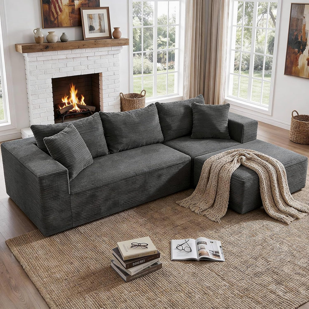 INGEROOM 108' Cloud Sectional Couch with L-Shape Chaise, Modular Sofa Memory Foam, Boneless Sofa with Movable Ottoman, Upholstered Couches for Living Room Bedroom, No Assembly Required, Dark Gray