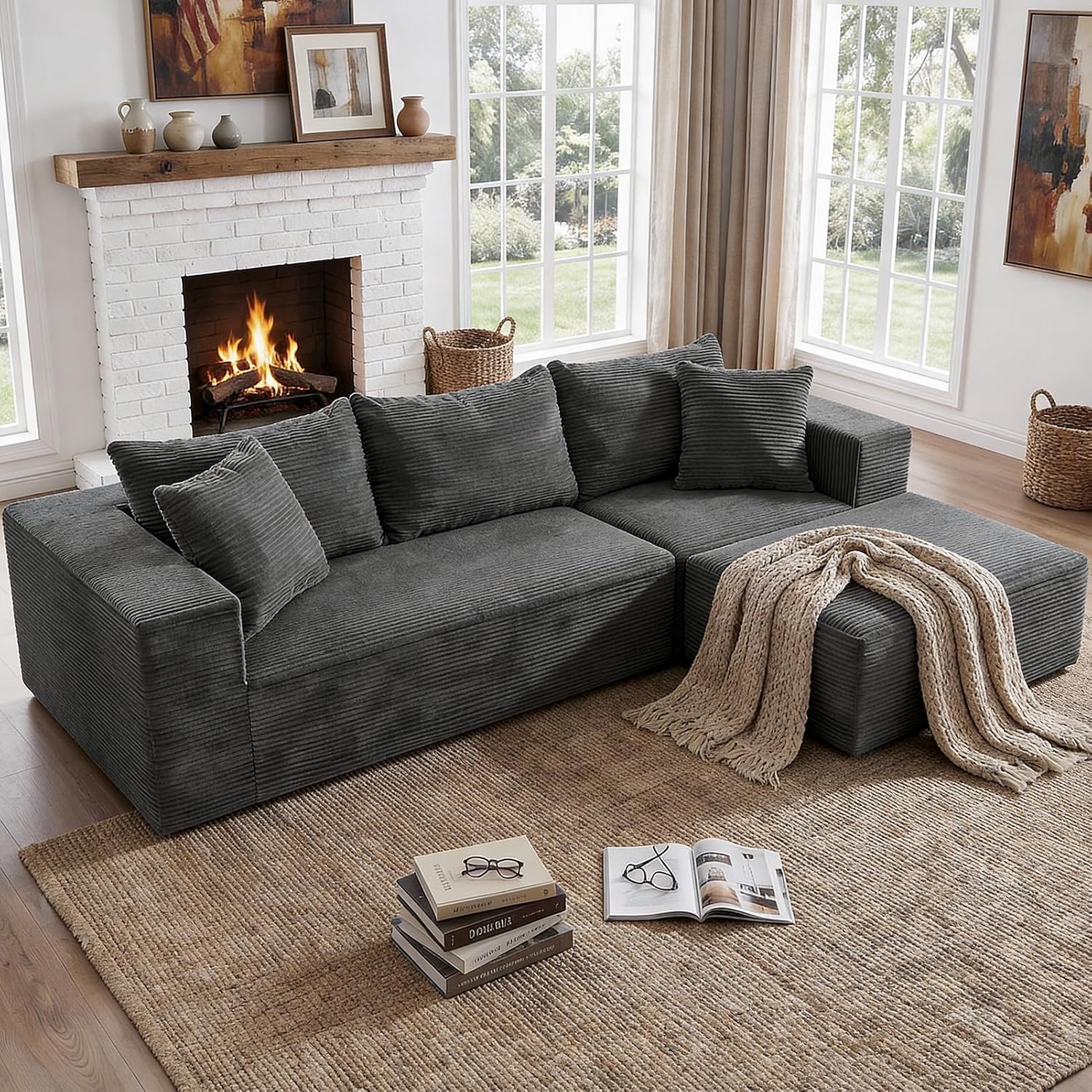 INGEROOM 108' Cloud Sectional Couch with L-Shape Chaise, Modular Sofa Memory Foam, Boneless Sofa with Movable Ottoman, Upholstered Couches for Living Room Bedroom, No Assembly Required, Dark Gray
