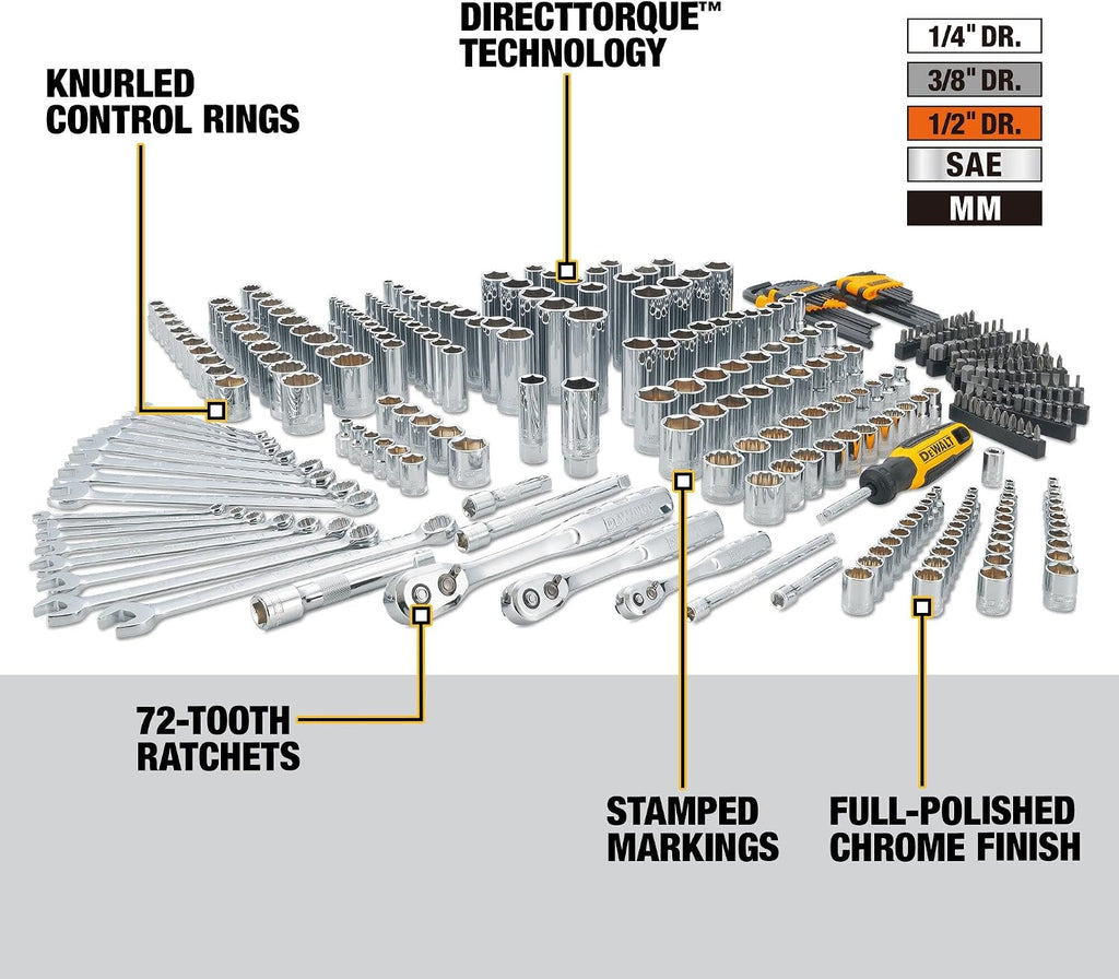 DEWALT Mechanics Tool Set, 1/4', 3/8', 1/2' Drive Tools and Combo Wrenches, 341 Piece (DWMT45341)