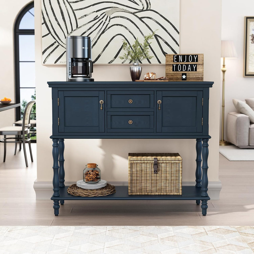 ARTPOWER Console Table with 2 Drawers, Retro Entryway Table with 2 Door Cabinets and Open Storage Shelf, Narrow Long Behind Couch Sofa Table for Living Room, Foyer, Hallway, Blue