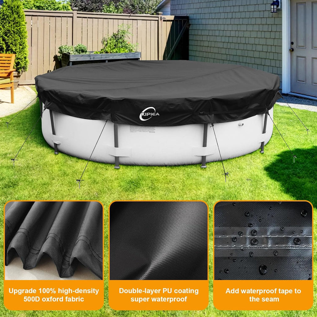 Kipiea Heavy Duty 500D 24ft Round Pool Cover for Above Ground Pools, Swimming Pool Cover with Full Circle Straps, Anti-Slip Straps and Tent Stakes, Featuring Windproof, Waterproof and Dustproof Design